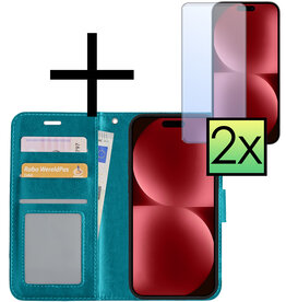 NoXx NoXx iPhone 15 Pro Hoesje Bookcase Met 2x Screenprotector - Turquoise