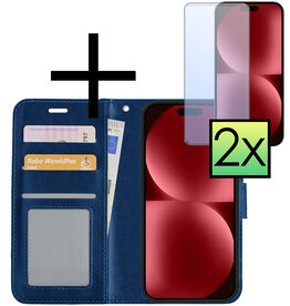 NoXx NoXx iPhone 15 Pro Hoesje Bookcase Met 2x Screenprotector - Donkerblauw