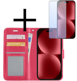 NoXx NoXx iPhone 15 Pro Hoesje Bookcase Met Screenprotector - Donkerroze