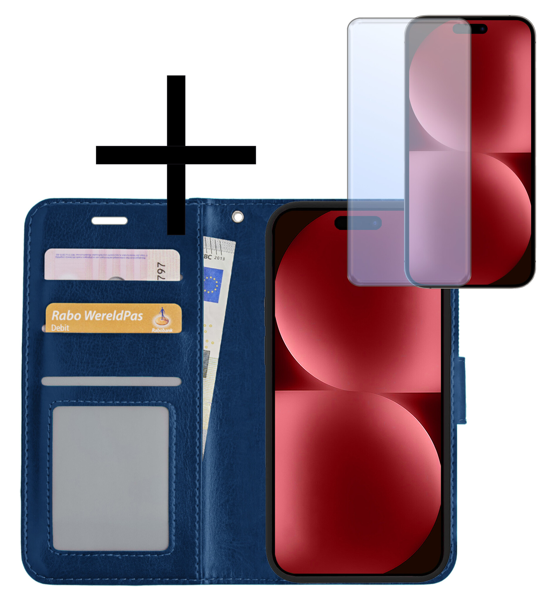 NoXx Hoes Geschikt voor iPhone 15 Pro Hoesje Book Case Hoes Flip Cover Wallet Bookcase Met Screenprotector - Donkerblauw