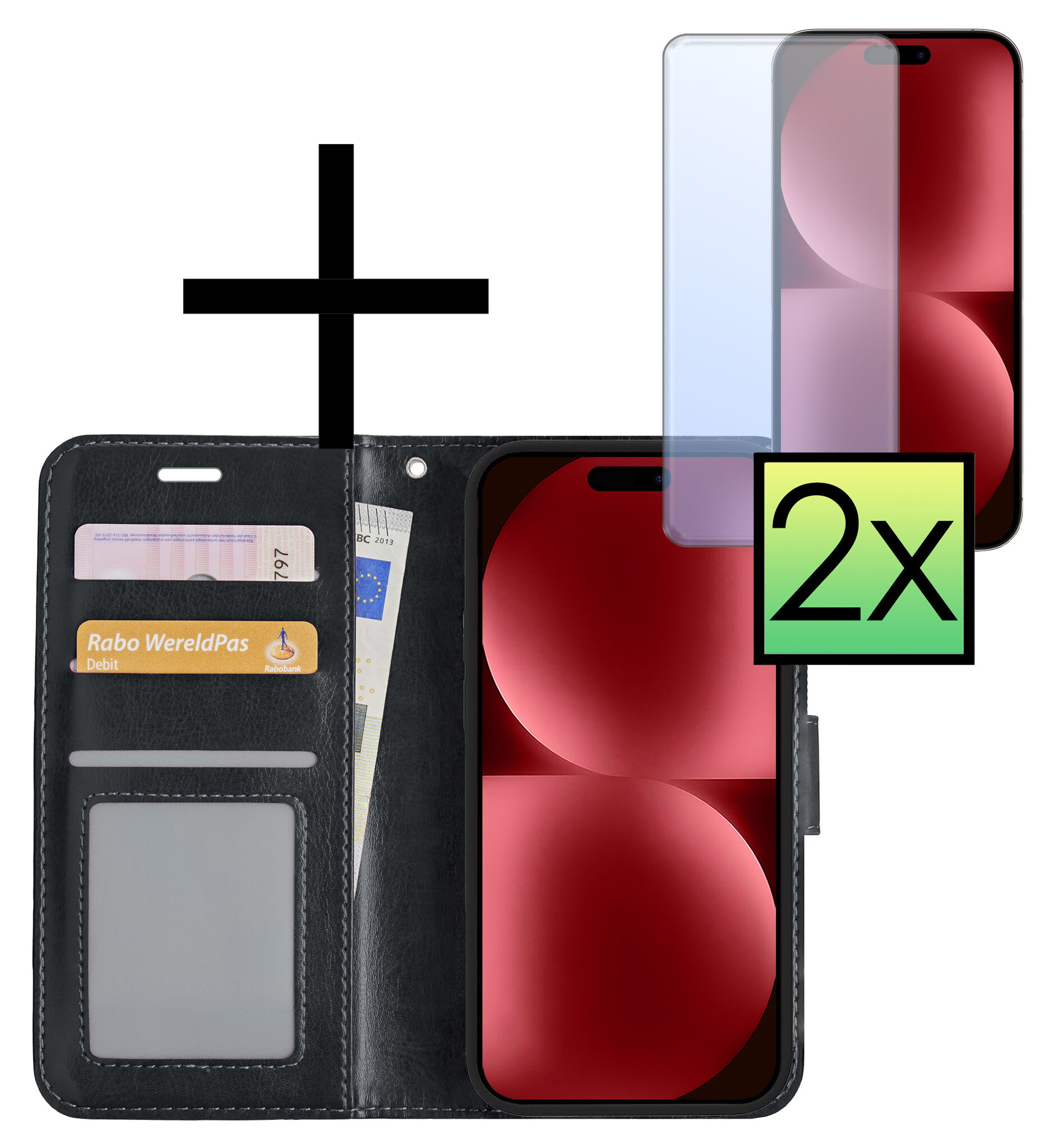 NoXx Hoes Geschikt voor iPhone 15 Plus Hoesje Book Case Hoes Flip Cover Wallet Bookcase Met 2x Screenprotector - Zwart