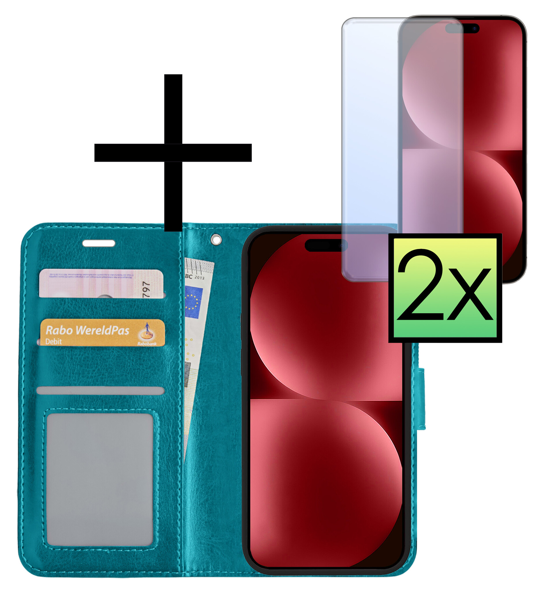 NoXx Hoes Geschikt voor iPhone 15 Plus Hoesje Book Case Hoes Flip Cover Wallet Bookcase Met 2x Screenprotector - Turquoise