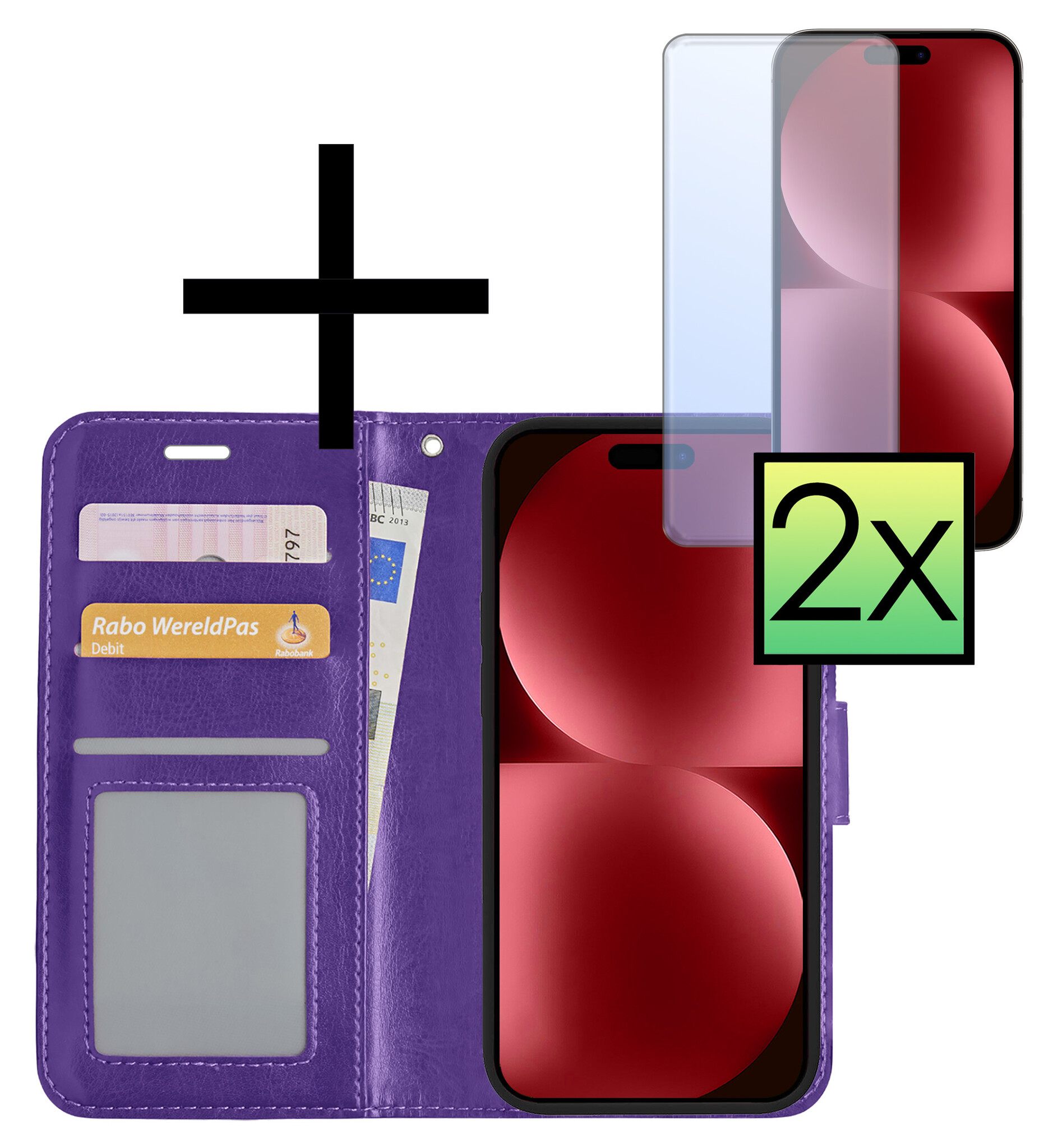 NoXx Hoes Geschikt voor iPhone 15 Plus Hoesje Book Case Hoes Flip Cover Wallet Bookcase Met 2x Screenprotector - Paars