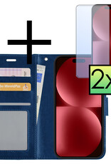 NoXx Hoes Geschikt voor iPhone 15 Plus Hoesje Book Case Hoes Flip Cover Wallet Bookcase Met 2x Screenprotector - Donkerblauw