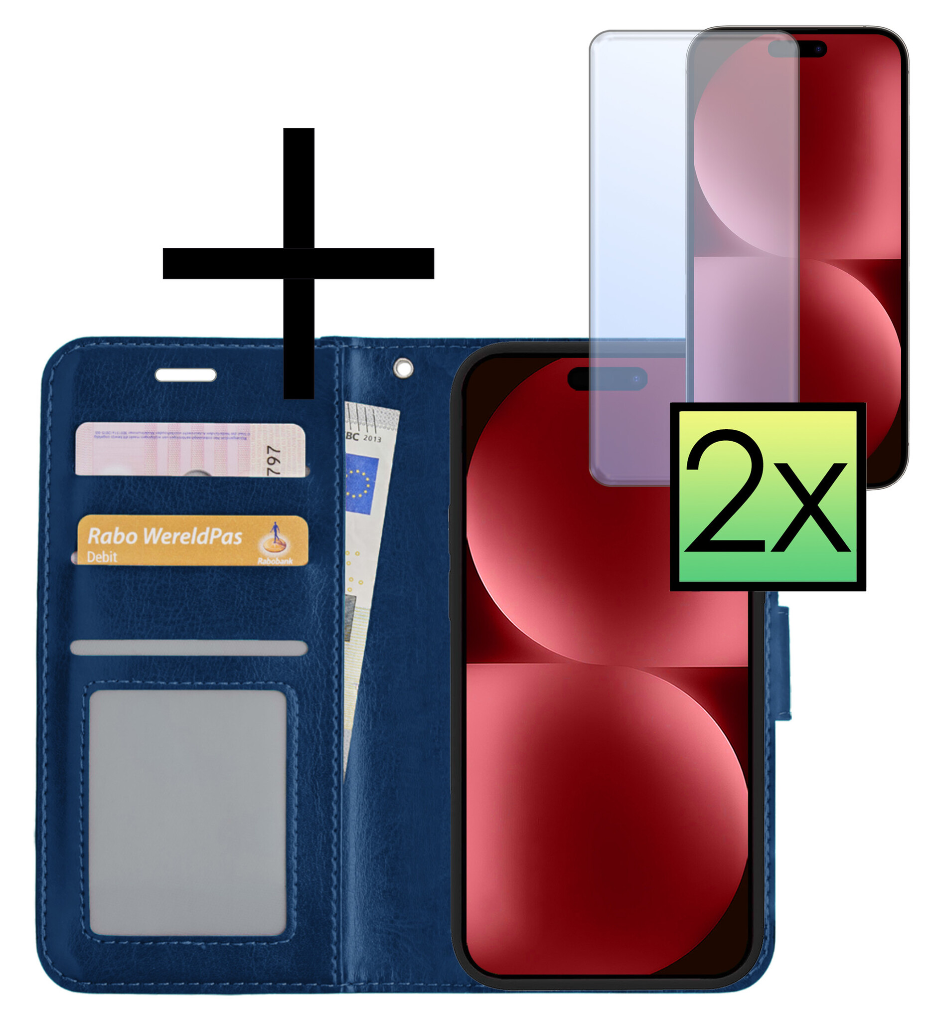 NoXx Hoes Geschikt voor iPhone 15 Plus Hoesje Book Case Hoes Flip Cover Wallet Bookcase Met 2x Screenprotector - Donkerblauw