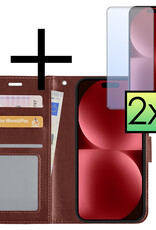 NoXx Hoes Geschikt voor iPhone 15 Plus Hoesje Book Case Hoes Flip Cover Wallet Bookcase Met 2x Screenprotector - Bruin