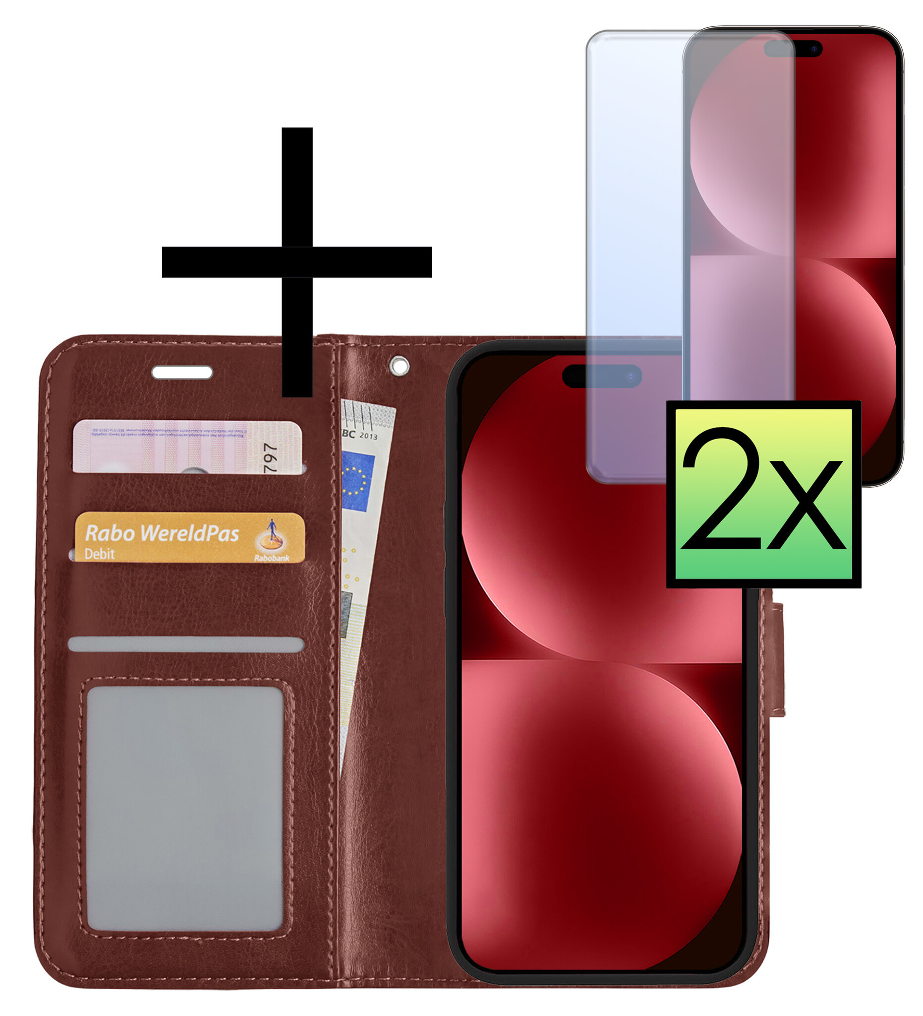 NoXx Hoes Geschikt voor iPhone 15 Plus Hoesje Book Case Hoes Flip Cover Wallet Bookcase Met 2x Screenprotector - Bruin