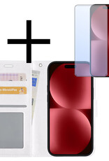 NoXx Hoes Geschikt voor iPhone 15 Plus Hoesje Book Case Hoes Flip Cover Wallet Bookcase Met Screenprotector - Wit
