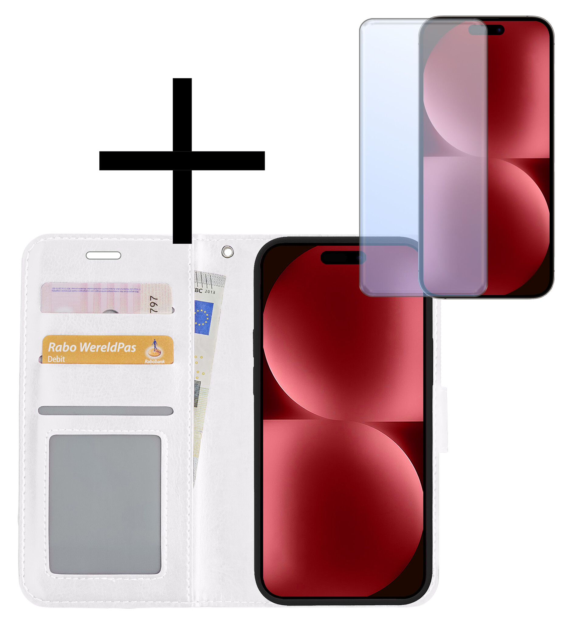 NoXx Hoes Geschikt voor iPhone 15 Plus Hoesje Book Case Hoes Flip Cover Wallet Bookcase Met Screenprotector - Wit