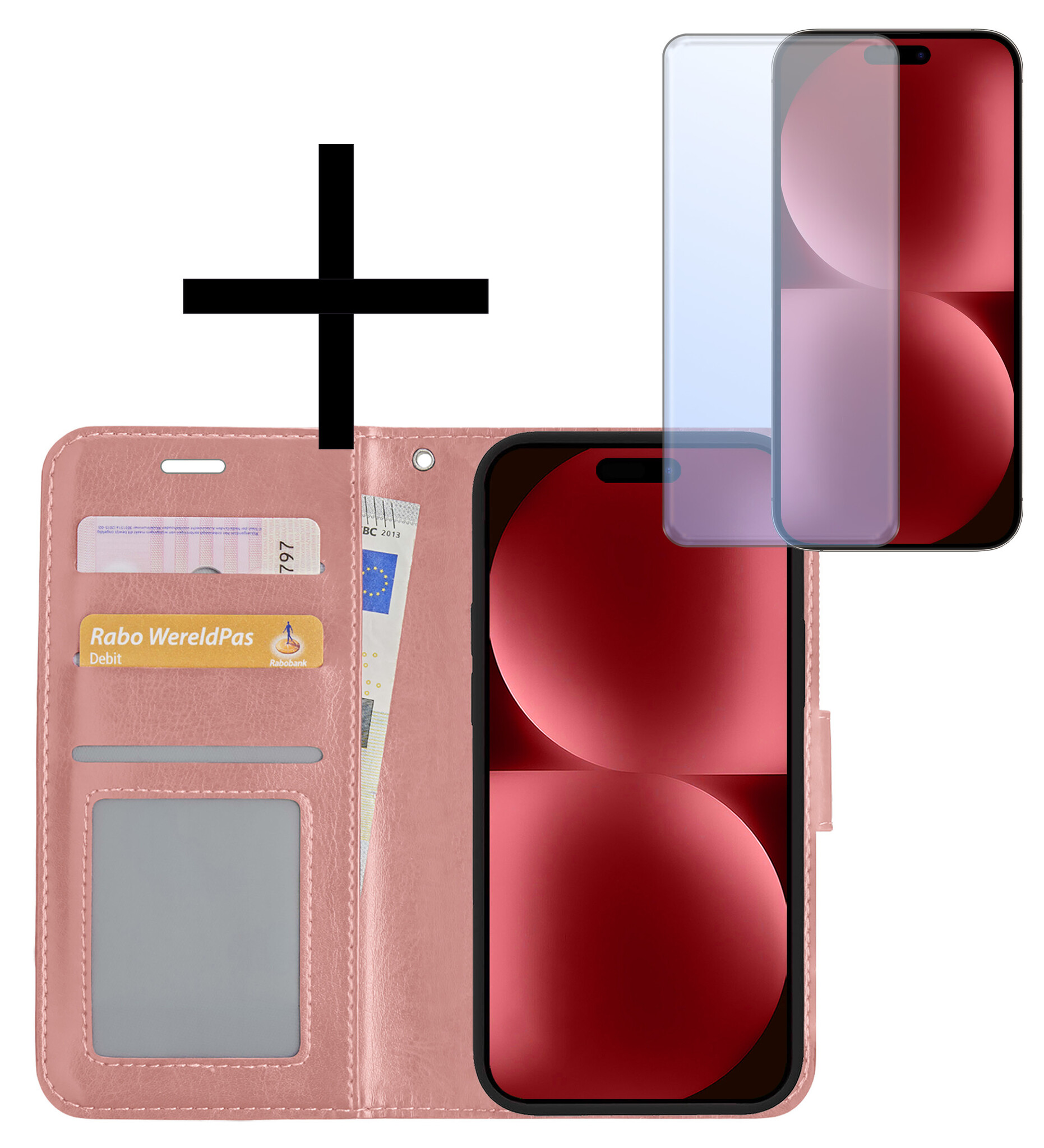 NoXx Hoes Geschikt voor iPhone 15 Plus Hoesje Book Case Hoes Flip Cover Wallet Bookcase Met Screenprotector - Rosé goud