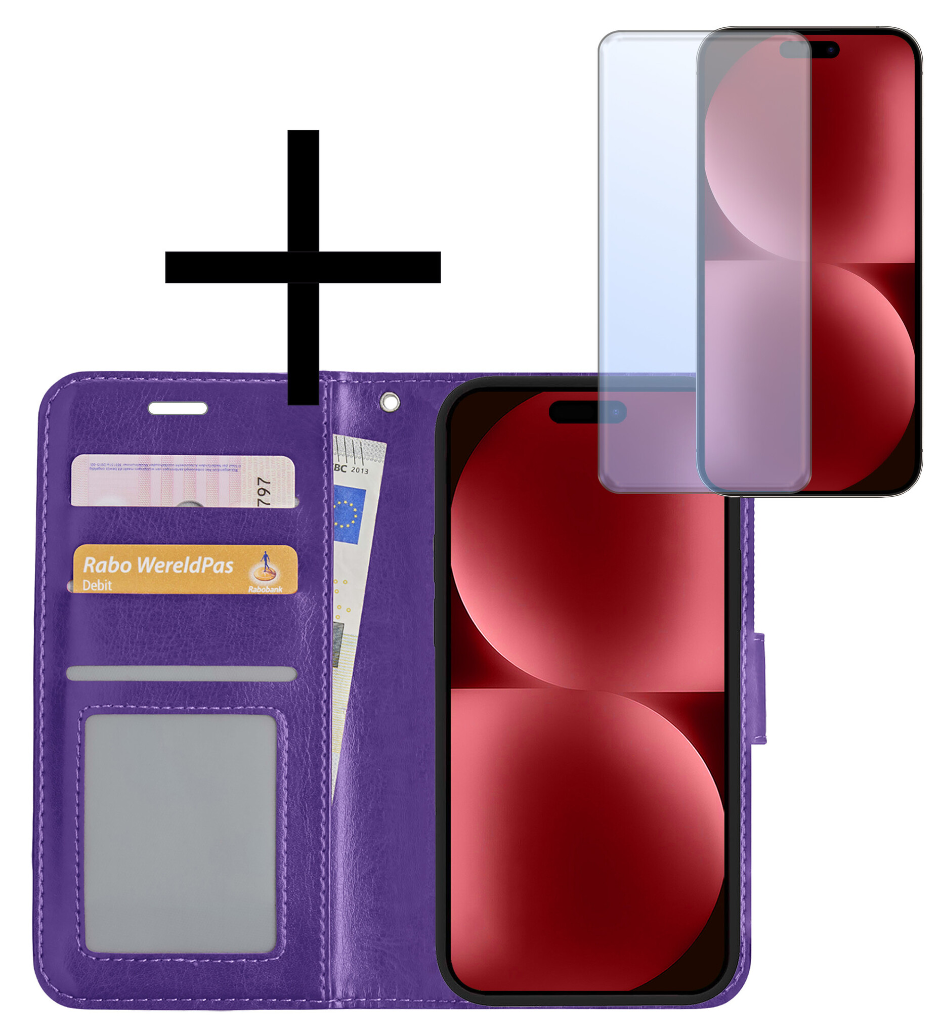 NoXx Hoes Geschikt voor iPhone 15 Plus Hoesje Book Case Hoes Flip Cover Wallet Bookcase Met Screenprotector - Paars
