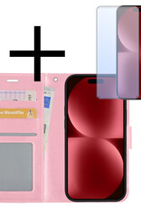 NoXx Hoes Geschikt voor iPhone 15 Plus Hoesje Book Case Hoes Flip Cover Wallet Bookcase Met Screenprotector - Lichtroze