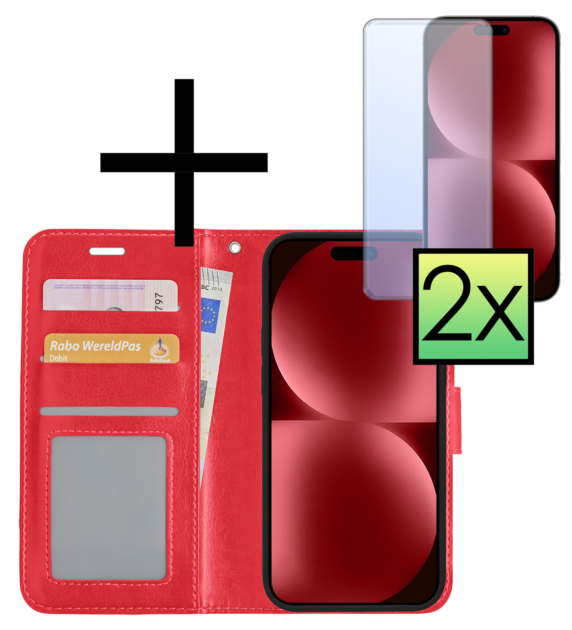NoXx Hoes Geschikt voor iPhone 15 Hoesje Book Case Hoes Flip Cover Wallet Bookcase Met 2x Screenprotector - Rood