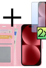 NoXx Hoes Geschikt voor iPhone 15 Hoesje Book Case Hoes Flip Cover Wallet Bookcase Met 2x Screenprotector - Lichtroze