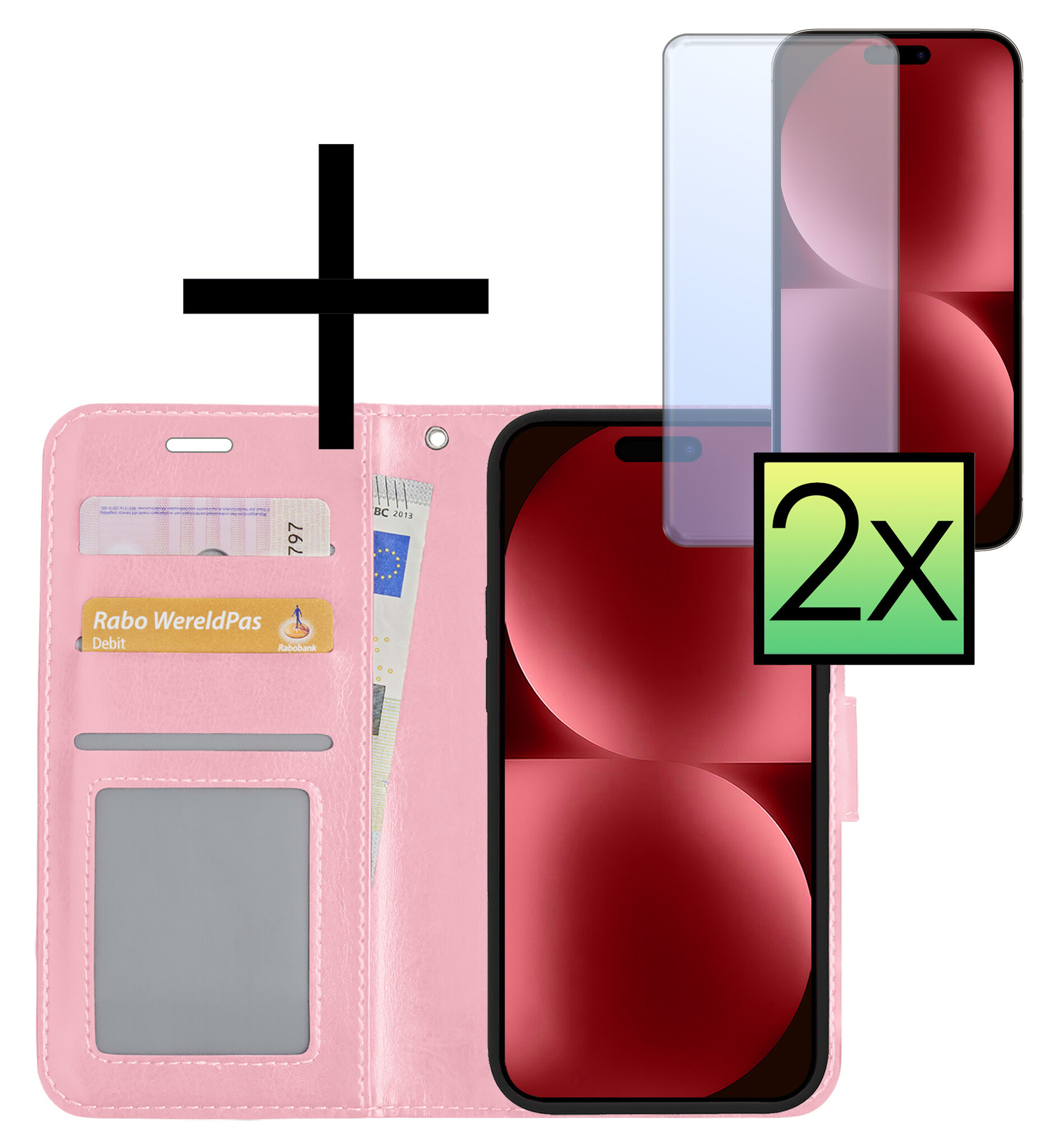 NoXx Hoes Geschikt voor iPhone 15 Hoesje Book Case Hoes Flip Cover Wallet Bookcase Met 2x Screenprotector - Lichtroze