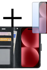 NoXx Hoes Geschikt voor iPhone 15 Hoesje Book Case Hoes Flip Cover Wallet Bookcase Met Screenprotector - Zwart
