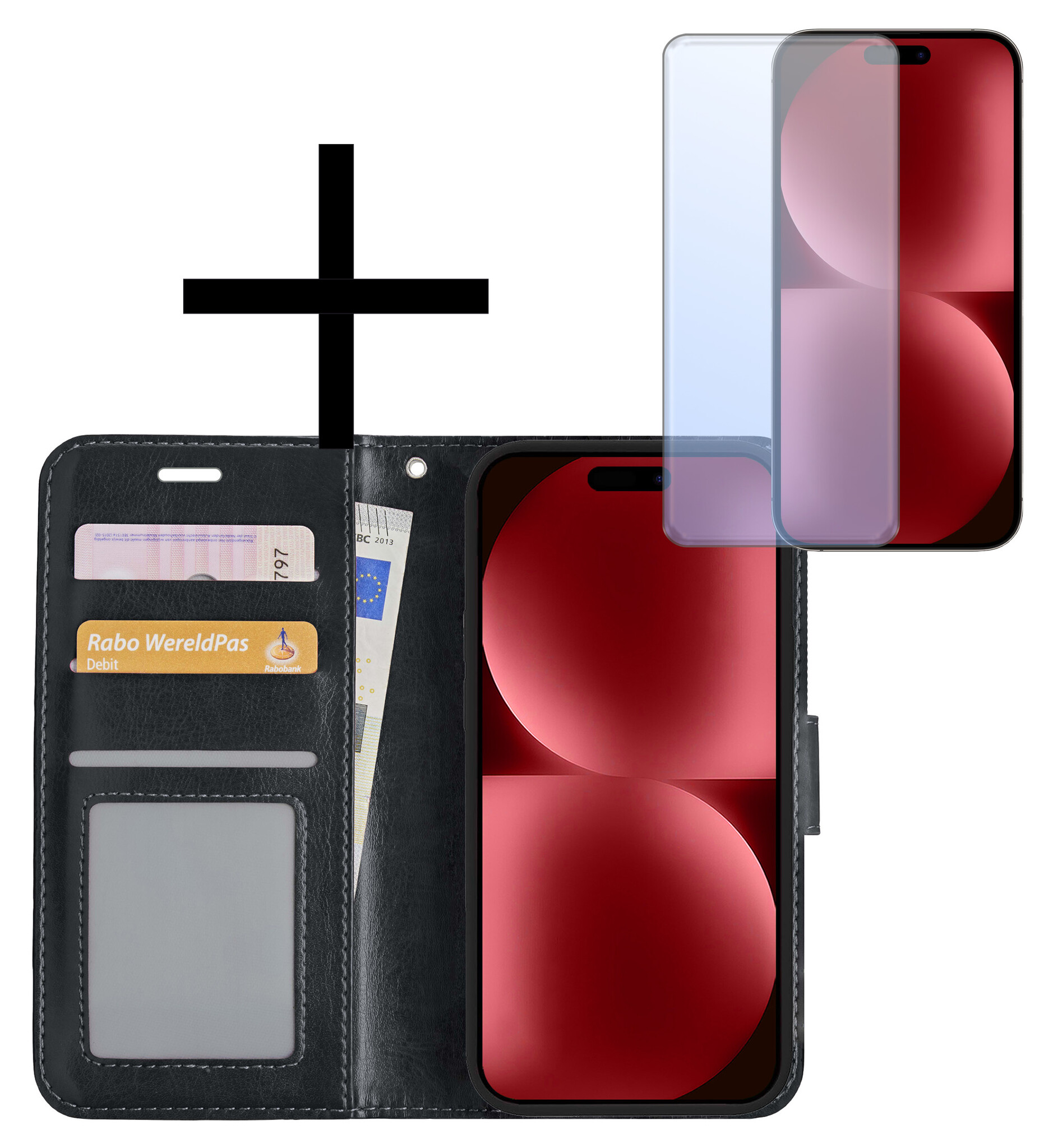 NoXx Hoes Geschikt voor iPhone 15 Hoesje Book Case Hoes Flip Cover Wallet Bookcase Met Screenprotector - Zwart