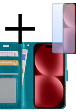 NoXx Hoes Geschikt voor iPhone 15 Hoesje Book Case Hoes Flip Cover Wallet Bookcase Met Screenprotector - Turquoise