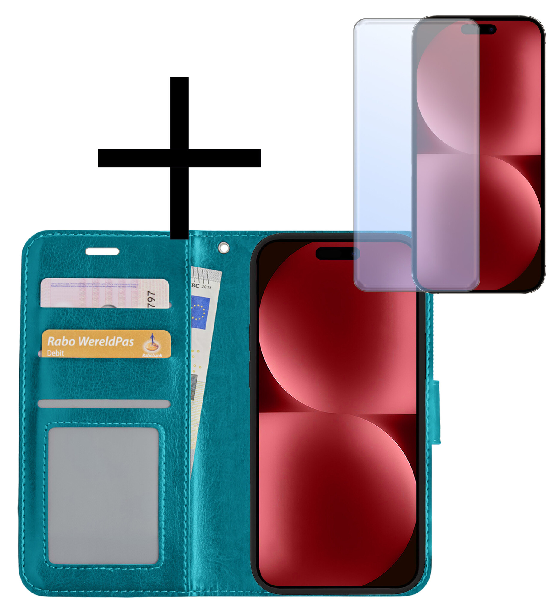NoXx Hoes Geschikt voor iPhone 15 Hoesje Book Case Hoes Flip Cover Wallet Bookcase Met Screenprotector - Turquoise