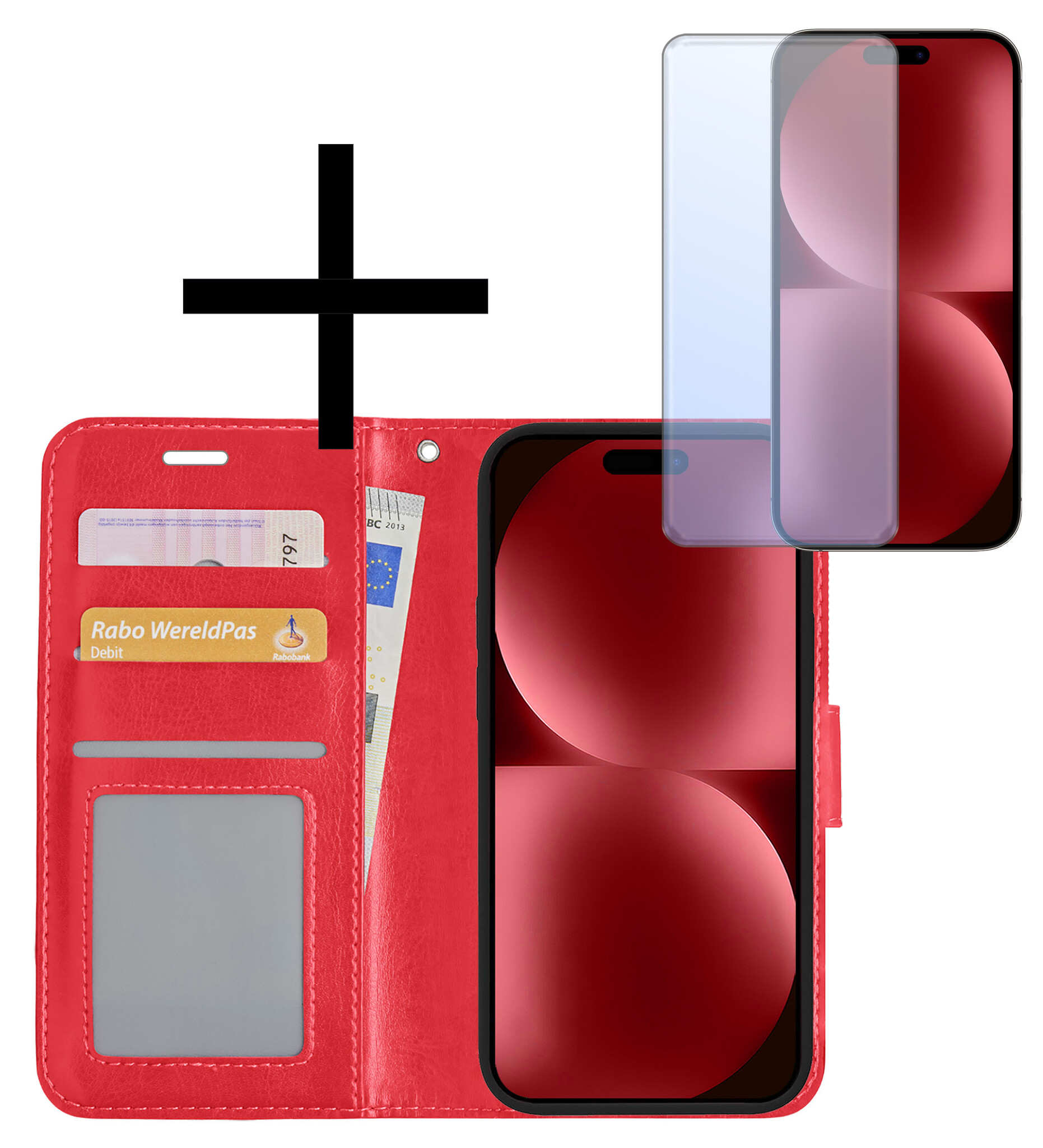 NoXx Hoes Geschikt voor iPhone 15 Hoesje Book Case Hoes Flip Cover Wallet Bookcase Met Screenprotector - Rood