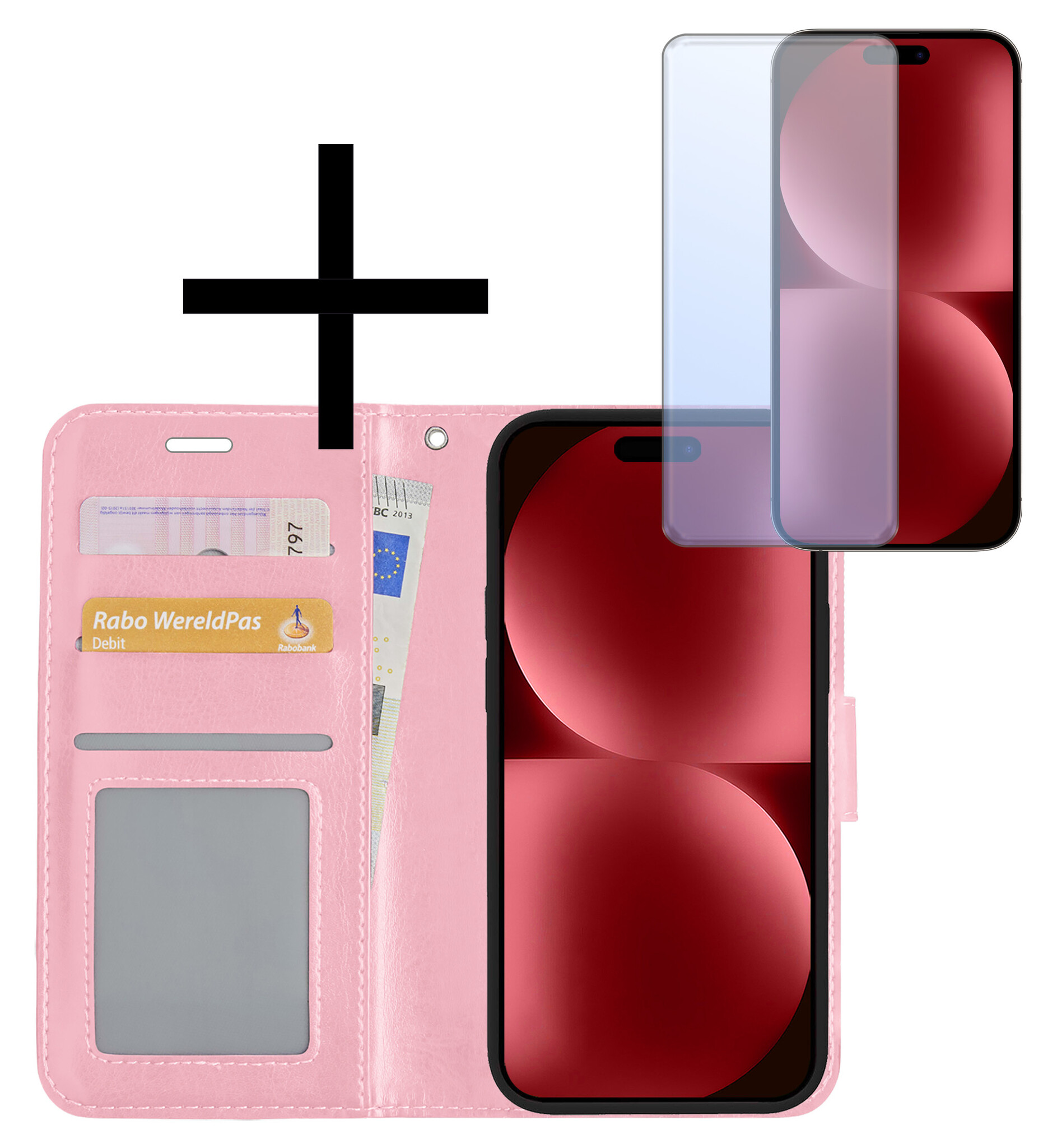 NoXx Hoes Geschikt voor iPhone 15 Hoesje Book Case Hoes Flip Cover Wallet Bookcase Met Screenprotector - Lichtroze