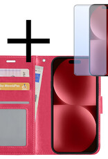 NoXx Hoes Geschikt voor iPhone 15 Hoesje Book Case Hoes Flip Cover Wallet Bookcase Met Screenprotector - Donkerroze