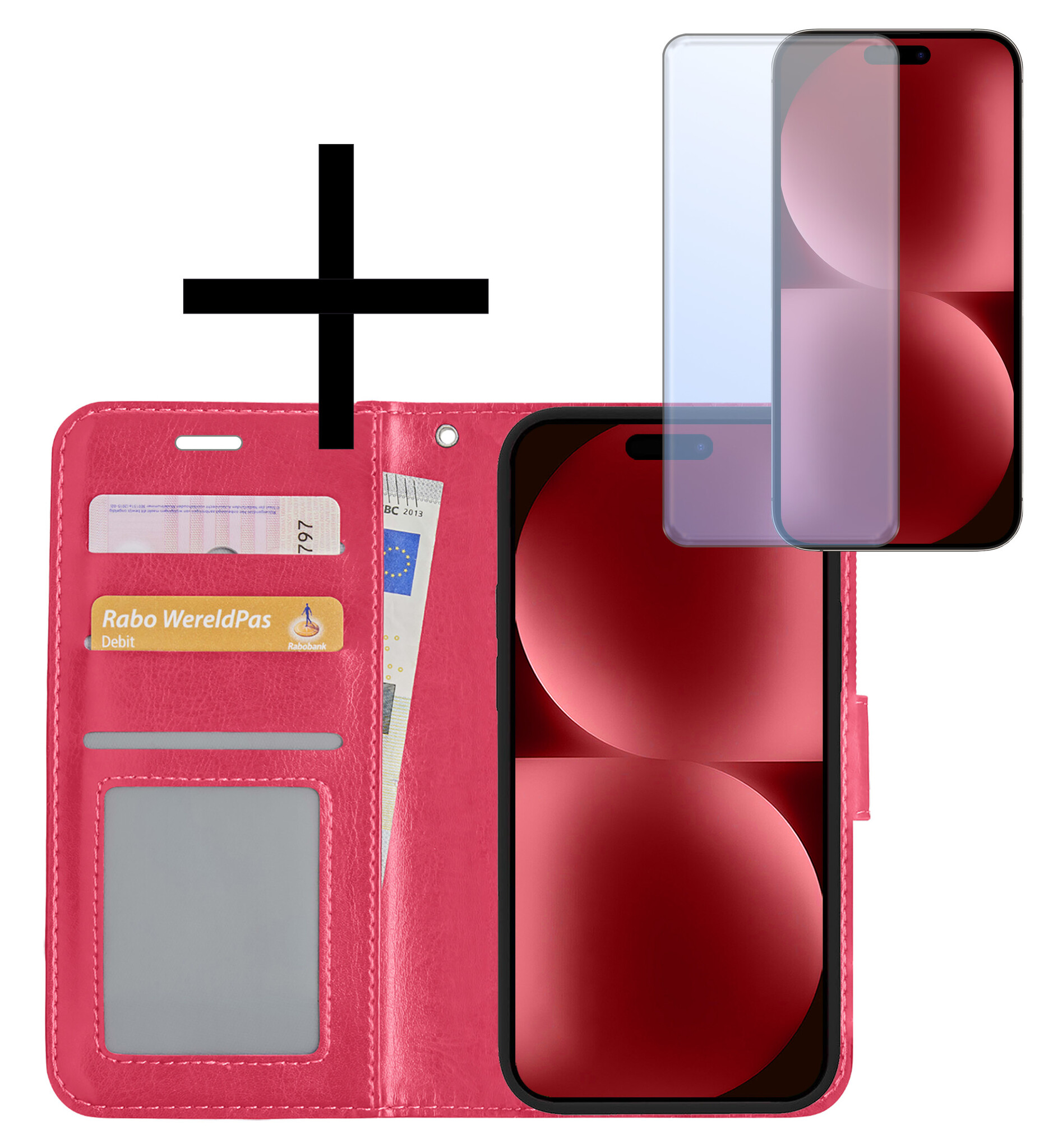 NoXx Hoes Geschikt voor iPhone 15 Hoesje Book Case Hoes Flip Cover Wallet Bookcase Met Screenprotector - Donkerroze