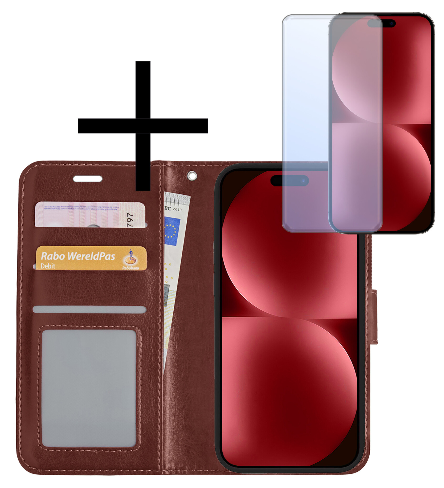 NoXx Hoes Geschikt voor iPhone 15 Hoesje Book Case Hoes Flip Cover Wallet Bookcase Met Screenprotector - Bruin