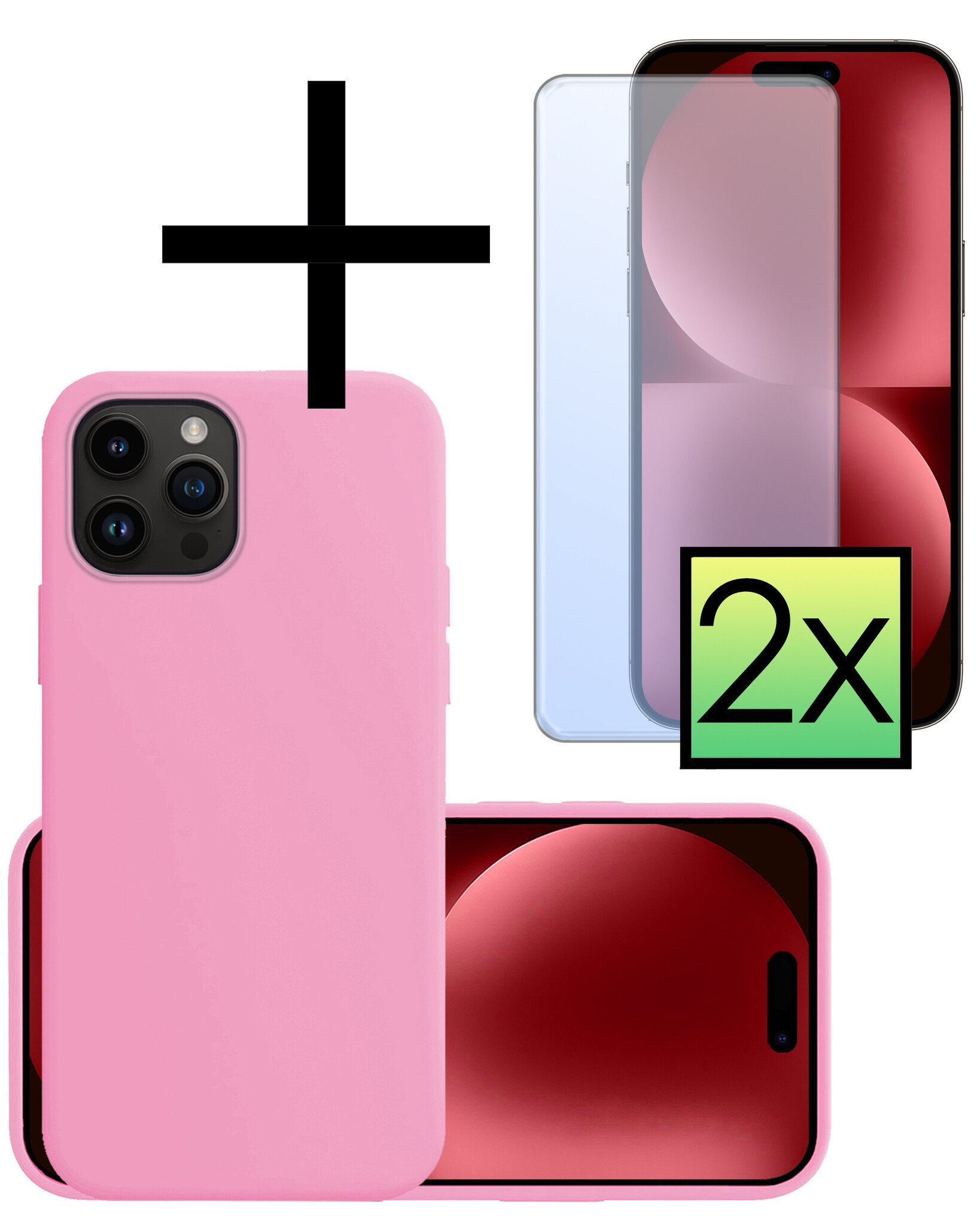 NoXx Hoes Geschikt voor iPhone 15 Pro Max Hoesje Cover Siliconen Back Case Hoes Met 2x Screenprotector - Lichtroze