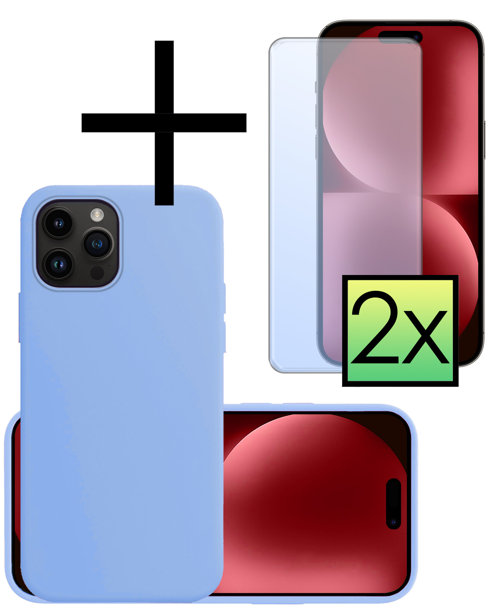 NoXx Hoes Geschikt voor iPhone 15 Pro Max Hoesje Cover Siliconen Back Case Hoes Met 2x Screenprotector - Lichtblauw