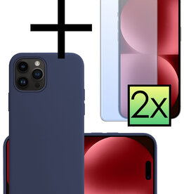 NoXx NoXx iPhone 15 Pro Max Hoesje Siliconen Met 2x Screenprotector - Donkerblauw