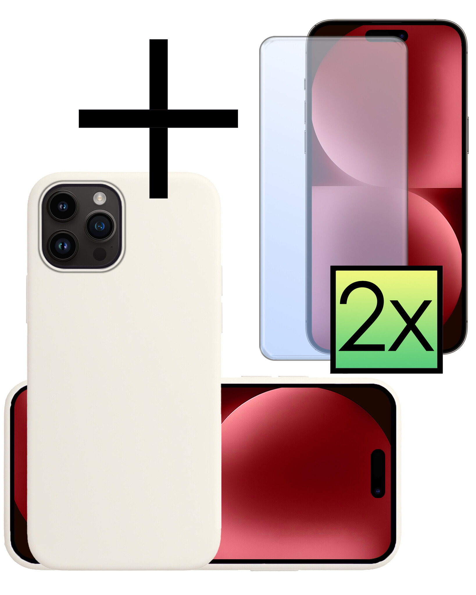 NoXx Hoes Geschikt voor iPhone 15 Pro Hoesje Cover Siliconen Back Case Hoes Met 2x Screenprotector - Wit