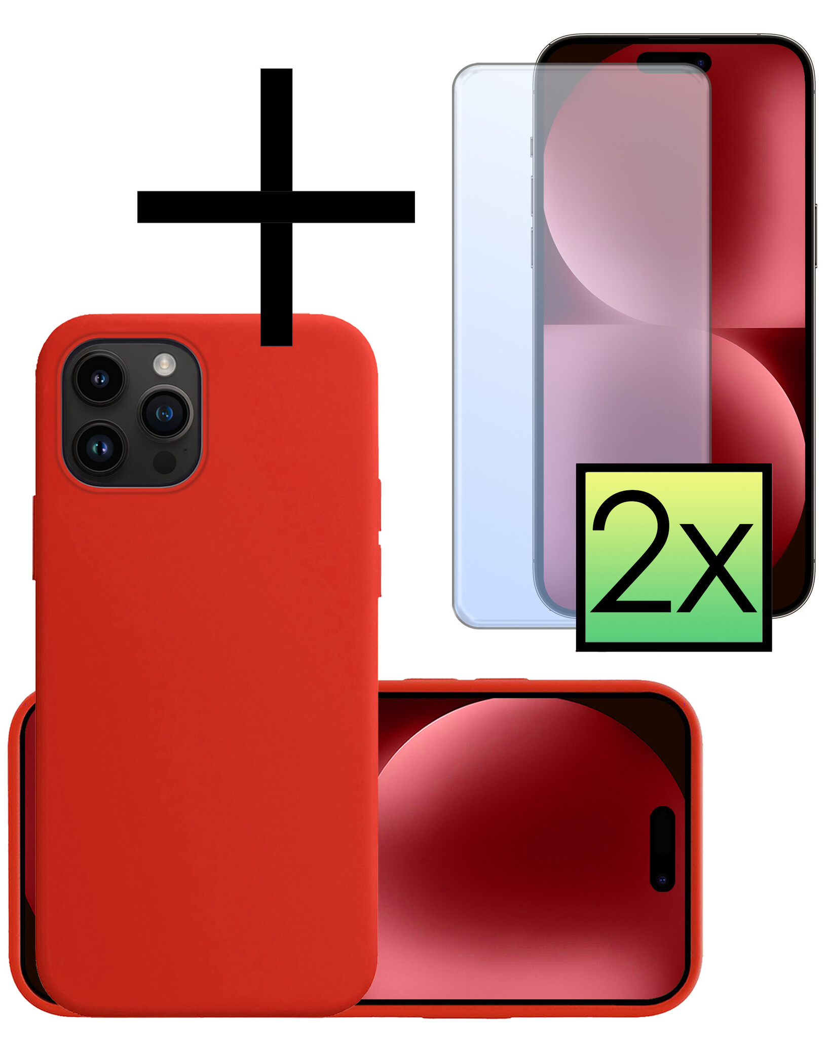 NoXx Hoes Geschikt voor iPhone 15 Pro Hoesje Cover Siliconen Back Case Hoes Met 2x Screenprotector - Rood