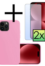 NoXx Hoes Geschikt voor iPhone 15 Pro Hoesje Cover Siliconen Back Case Hoes Met 2x Screenprotector - Lichtroze