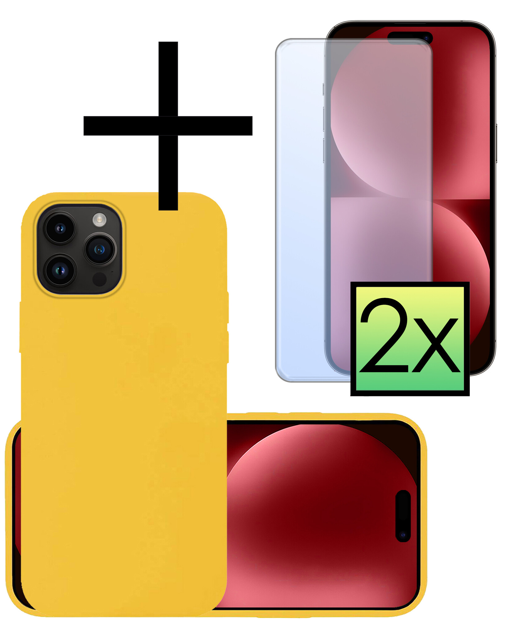 NoXx Hoes Geschikt voor iPhone 15 Pro Hoesje Cover Siliconen Back Case Hoes Met 2x Screenprotector - Geel