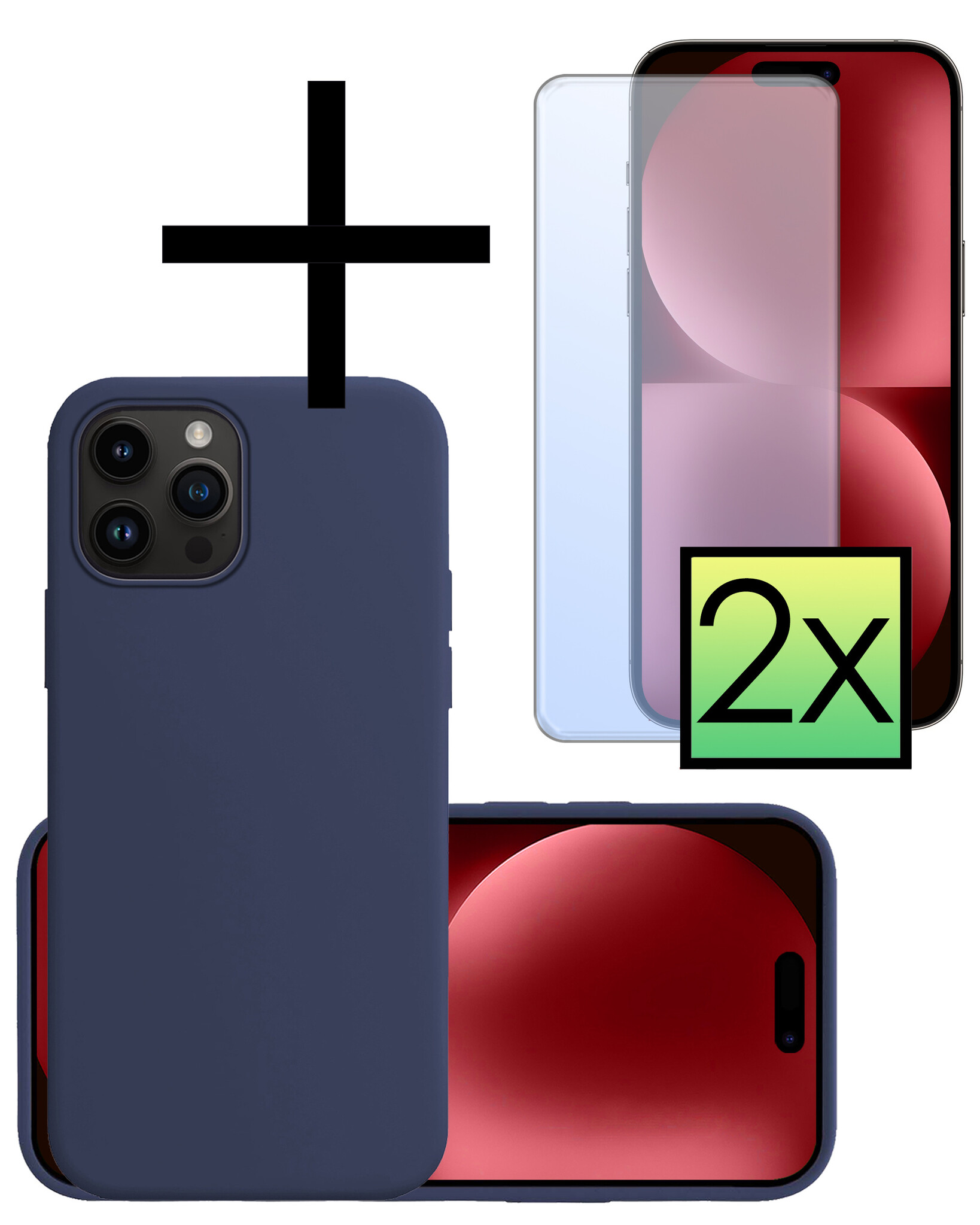 NoXx Hoes Geschikt voor iPhone 15 Pro Hoesje Cover Siliconen Back Case Hoes Met 2x Screenprotector - Donkerblauw