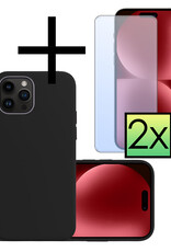NoXx Hoes Geschikt voor iPhone 15 Pro Hoesje Cover Siliconen Back Case Hoes Met 2x Screenprotector - Zwart