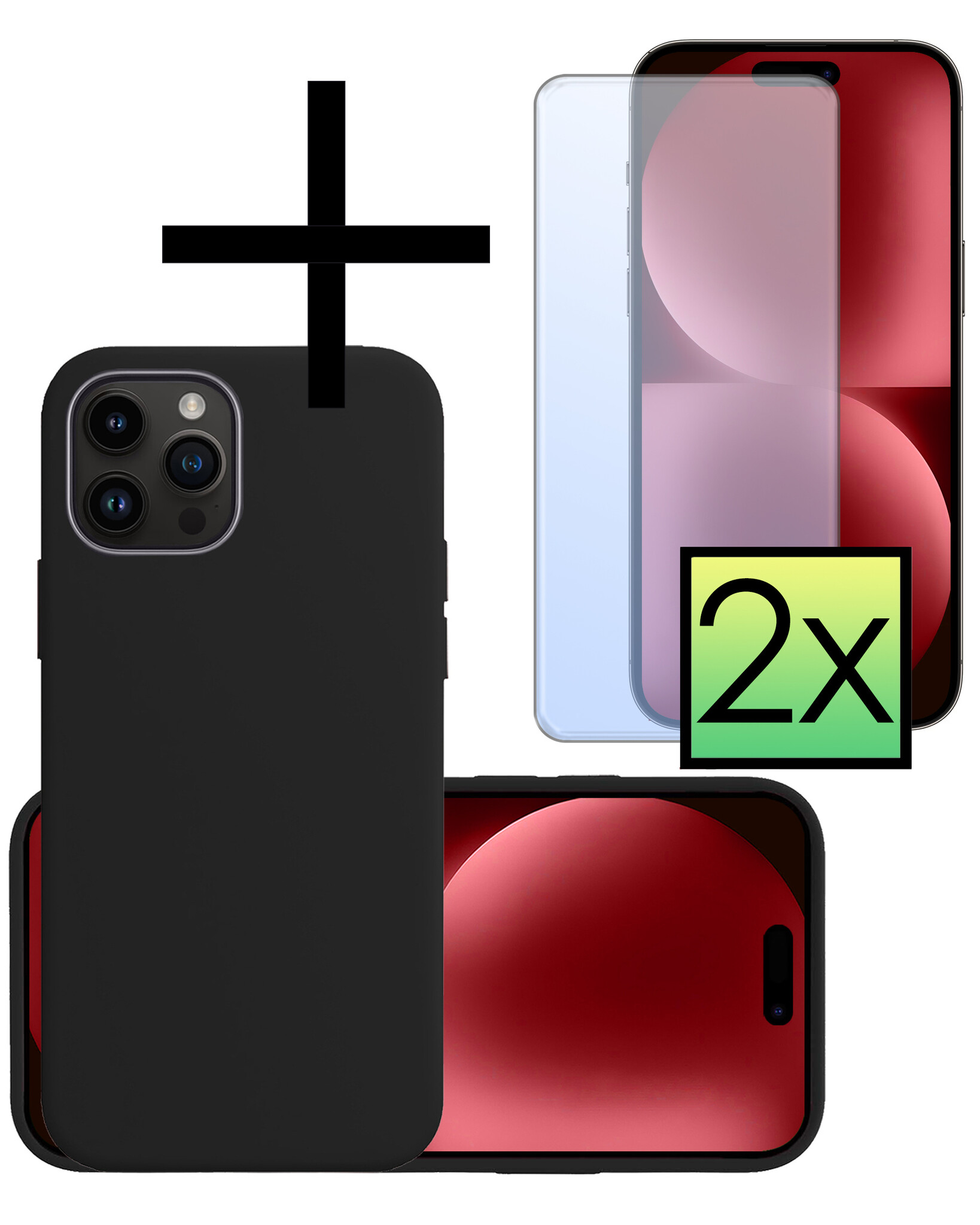 NoXx Hoes Geschikt voor iPhone 15 Pro Hoesje Cover Siliconen Back Case Hoes Met 2x Screenprotector - Zwart