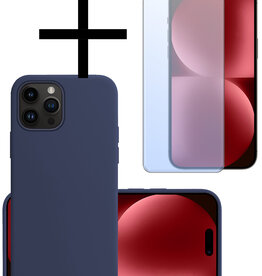 NoXx NoXx iPhone 15 Pro Hoesje Siliconen Met Screenprotector - Donkerblauw