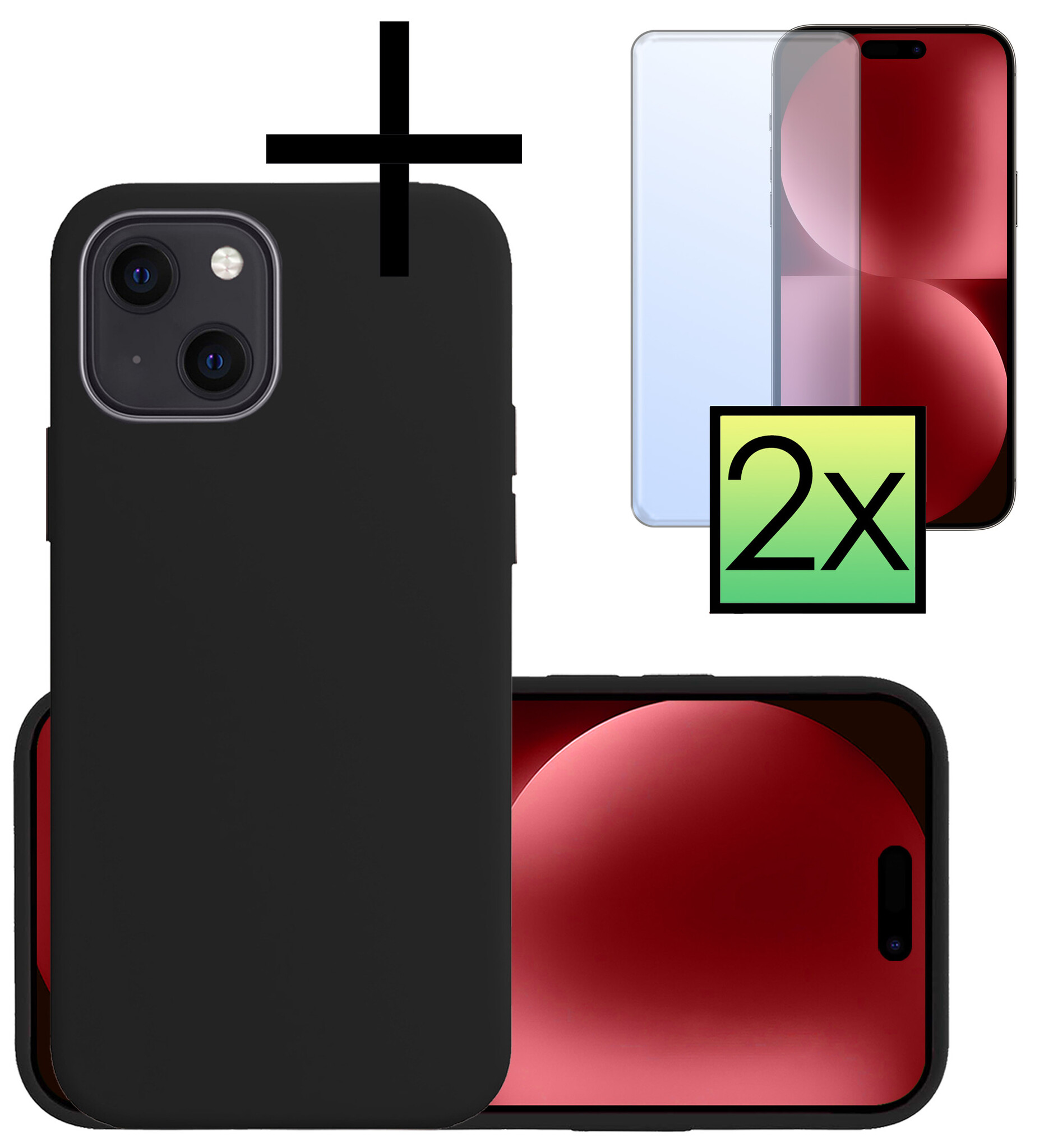 NoXx Hoes Geschikt voor iPhone 15 Plus Hoesje Cover Siliconen Back Case Hoes Met 2x Screenprotector - Zwart
