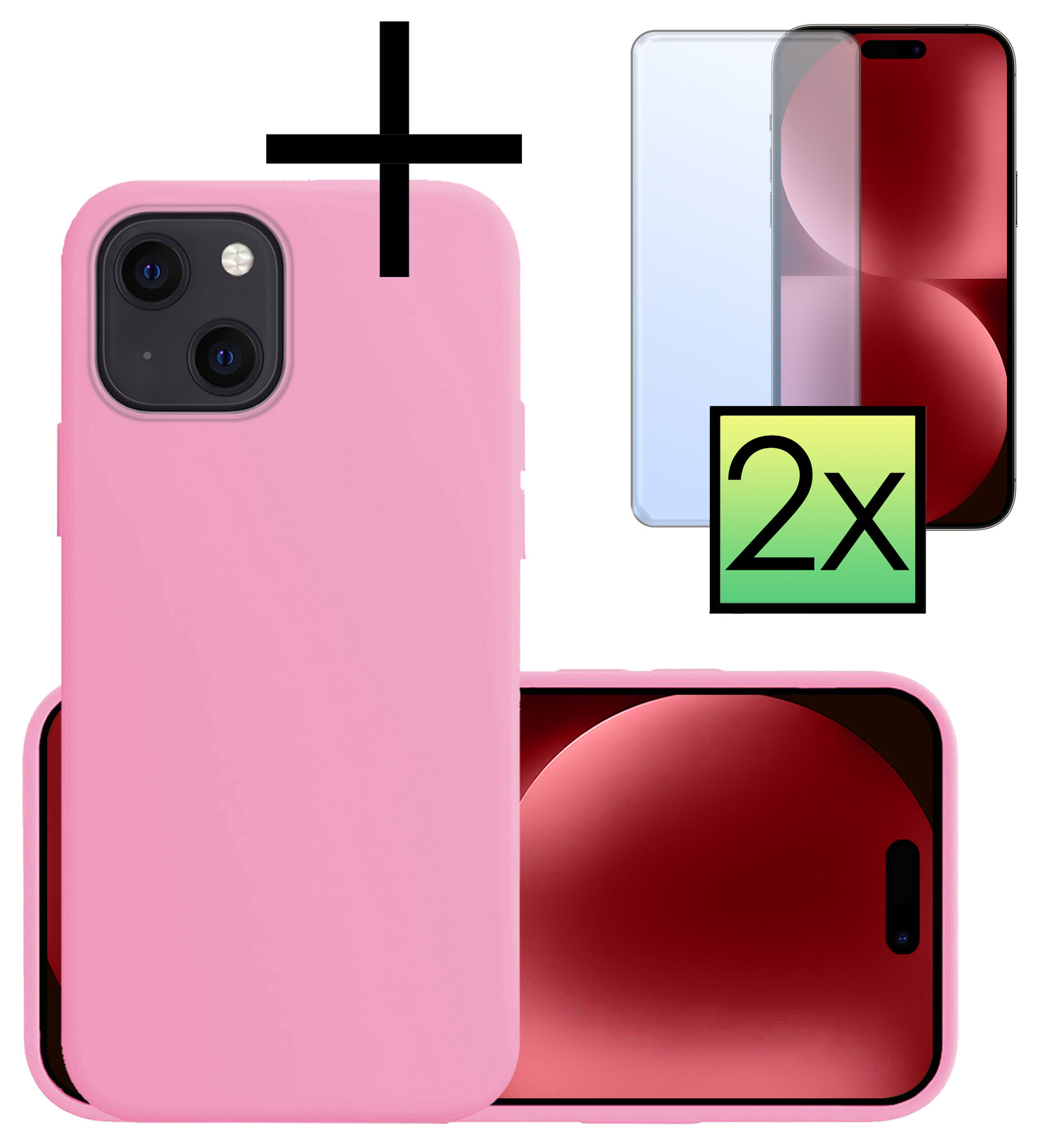 NoXx Hoes Geschikt voor iPhone 15 Plus Hoesje Cover Siliconen Back Case Hoes Met 2x Screenprotector - Lichtroze