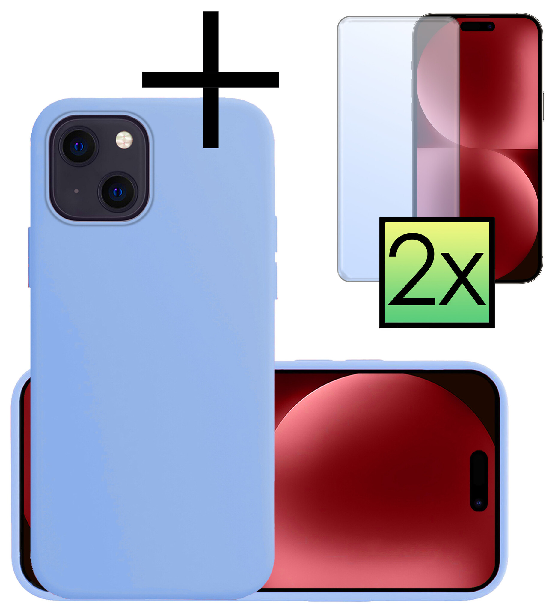 NoXx Hoes Geschikt voor iPhone 15 Plus Hoesje Cover Siliconen Back Case Hoes Met 2x Screenprotector - Lichtblauw