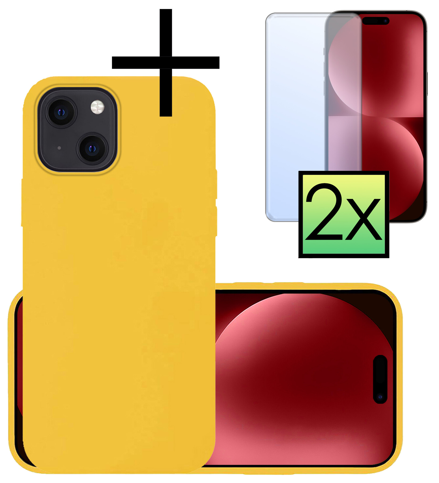 NoXx Hoes Geschikt voor iPhone 15 Plus Hoesje Cover Siliconen Back Case Hoes Met 2x Screenprotector - Geel