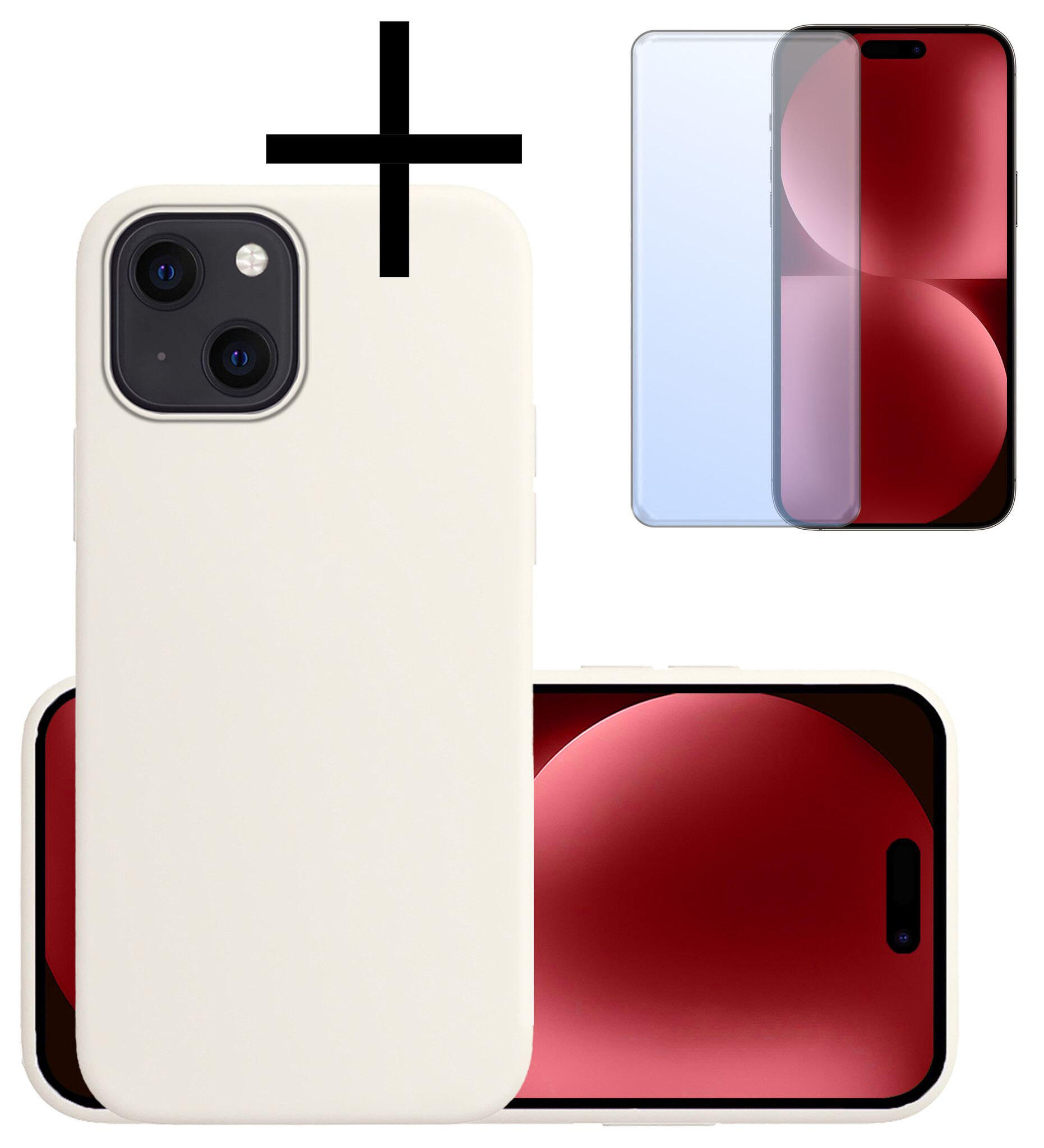 NoXx Hoes Geschikt voor iPhone 15 Plus Hoesje Cover Siliconen Back Case Hoes Met Screenprotector - Wit