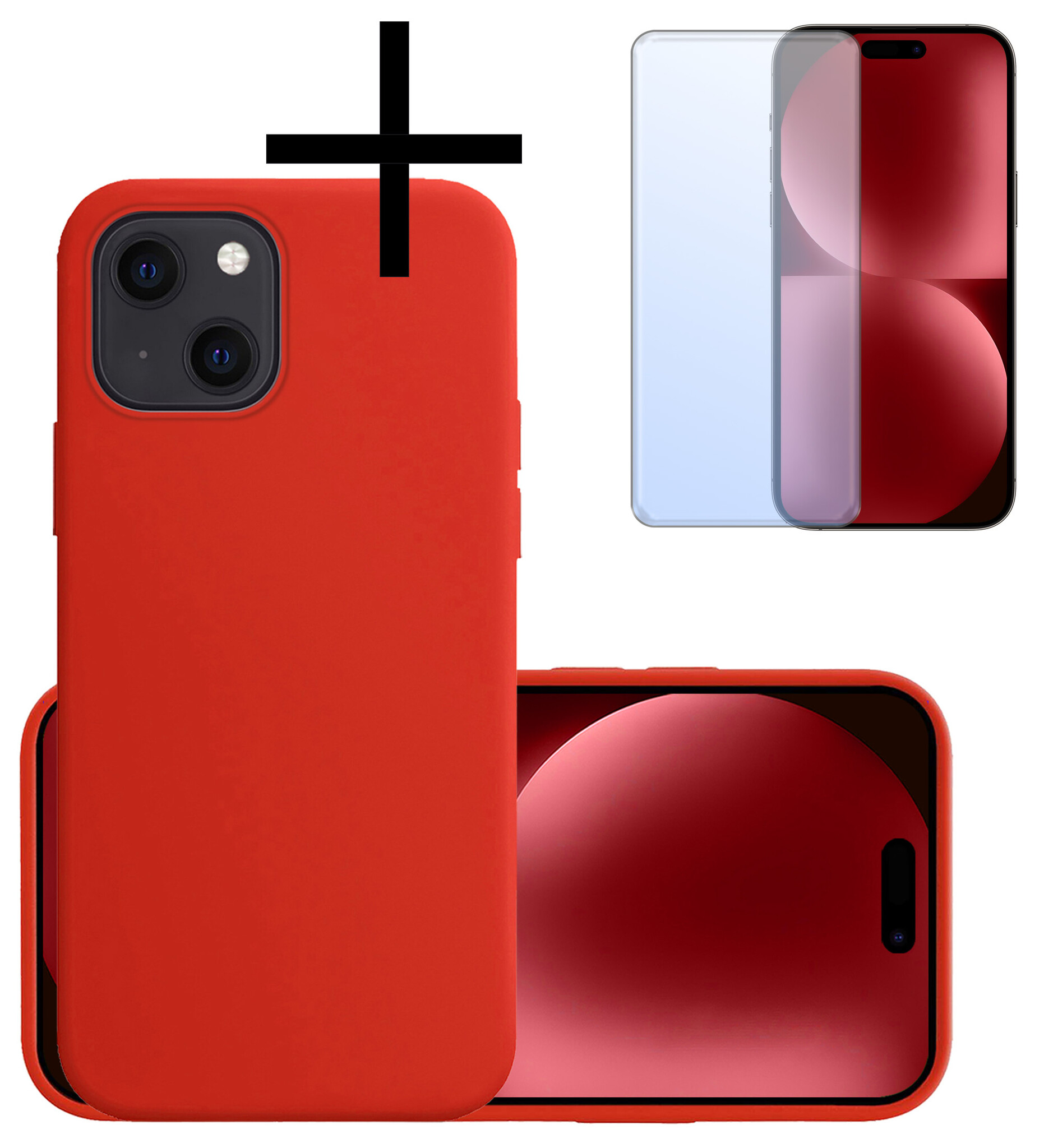 NoXx Hoes Geschikt voor iPhone 15 Plus Hoesje Cover Siliconen Back Case Hoes Met Screenprotector - Rood