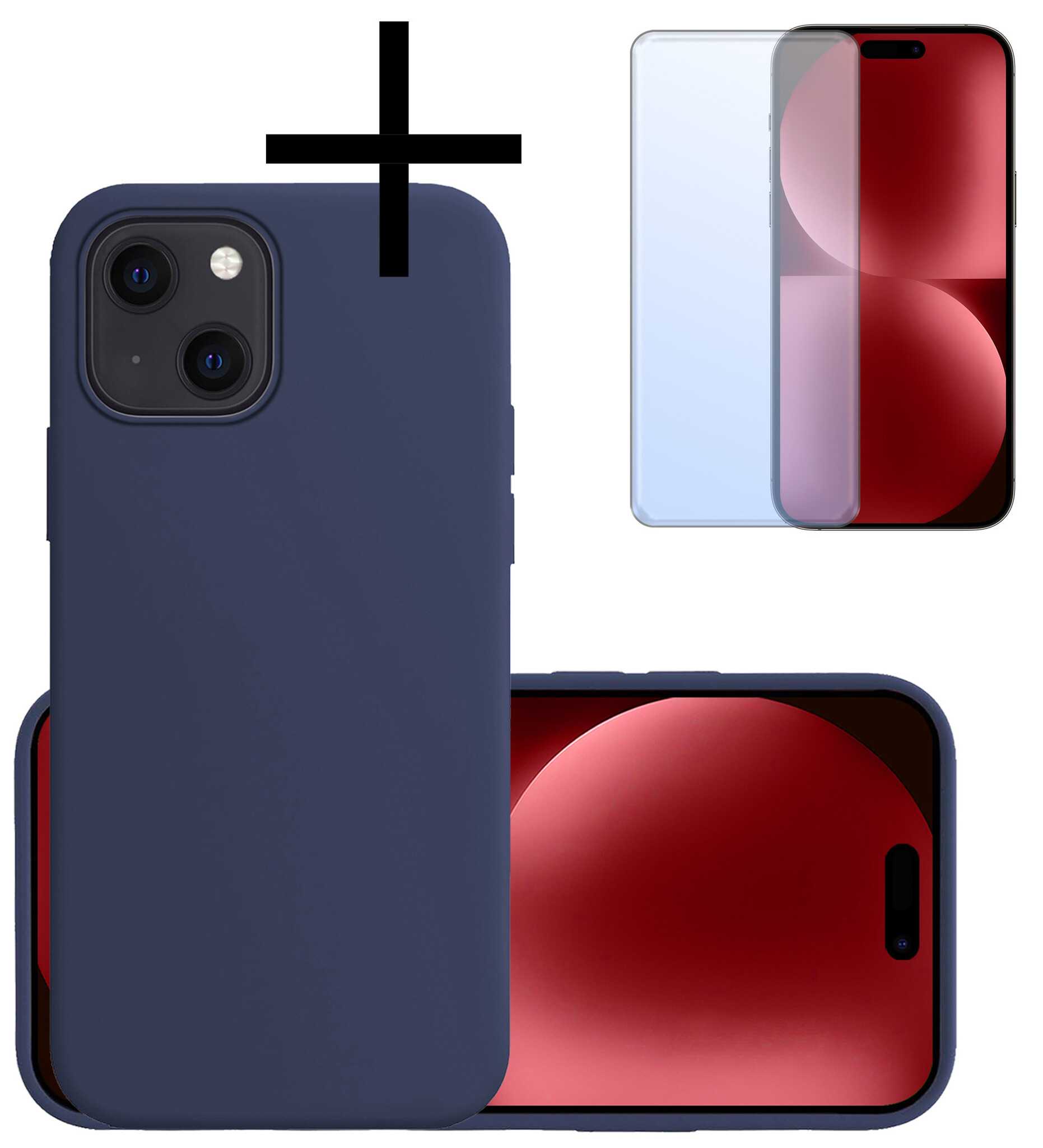 NoXx Hoes Geschikt voor iPhone 15 Plus Hoesje Cover Siliconen Back Case Hoes Met Screenprotector - Donkerblauw