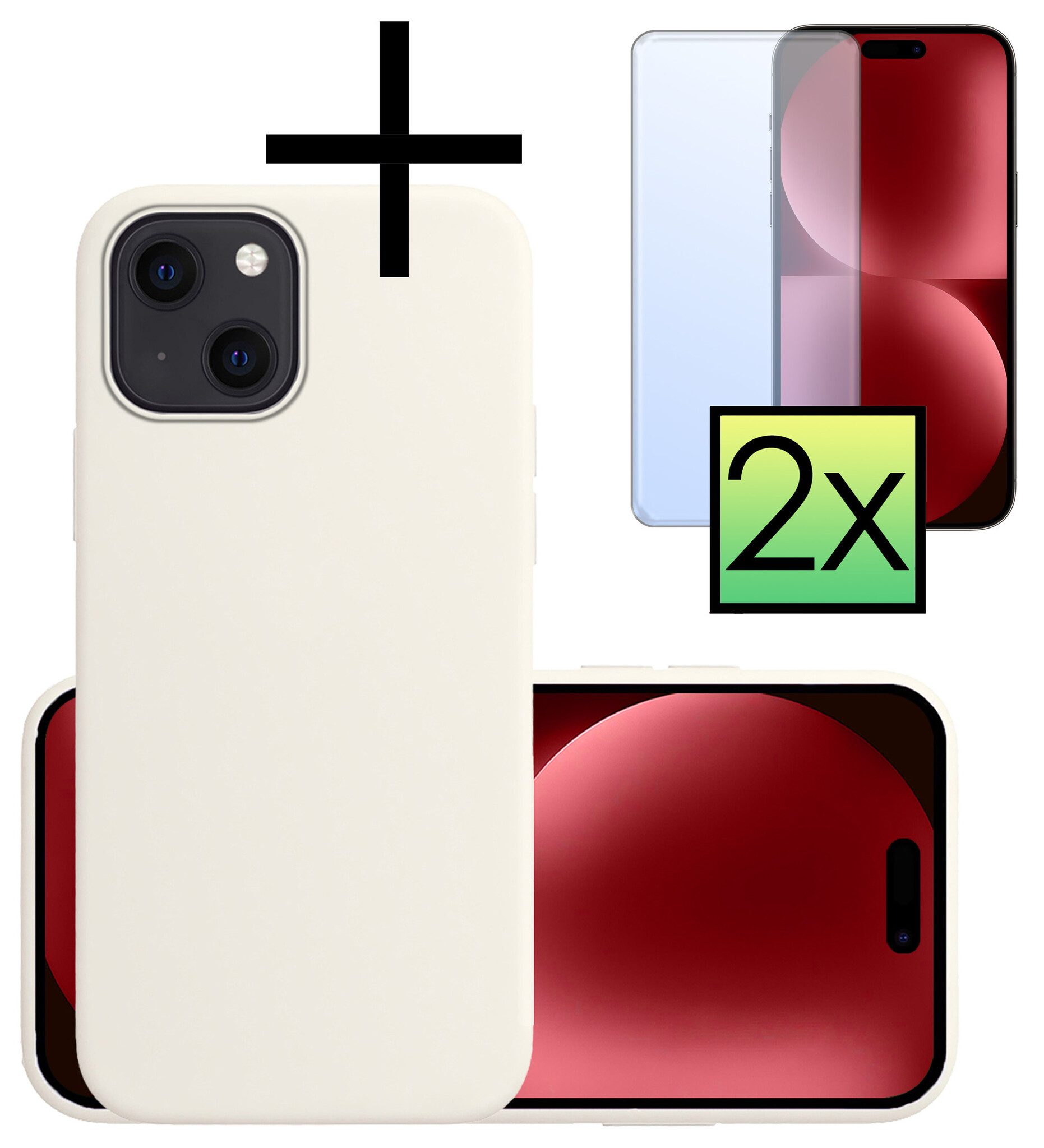NoXx Hoes Geschikt voor iPhone 15 Hoesje Cover Siliconen Back Case Hoes Met 2x Screenprotector - Wit