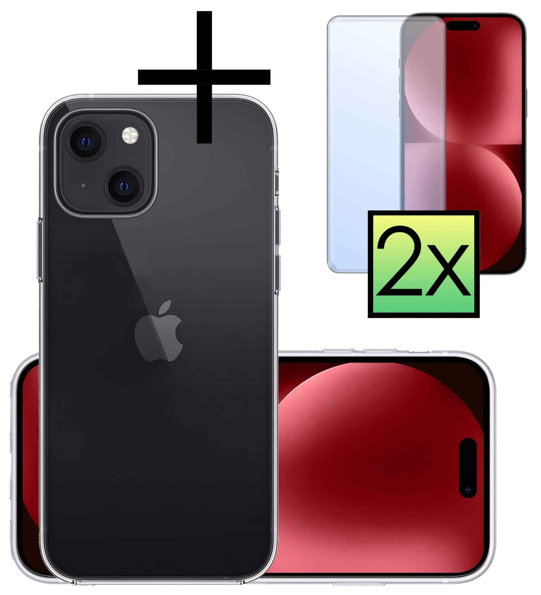 NoXx Hoes Geschikt voor iPhone 15 Hoesje Cover Siliconen Back Case Hoes Met 2x Screenprotector - Transparant