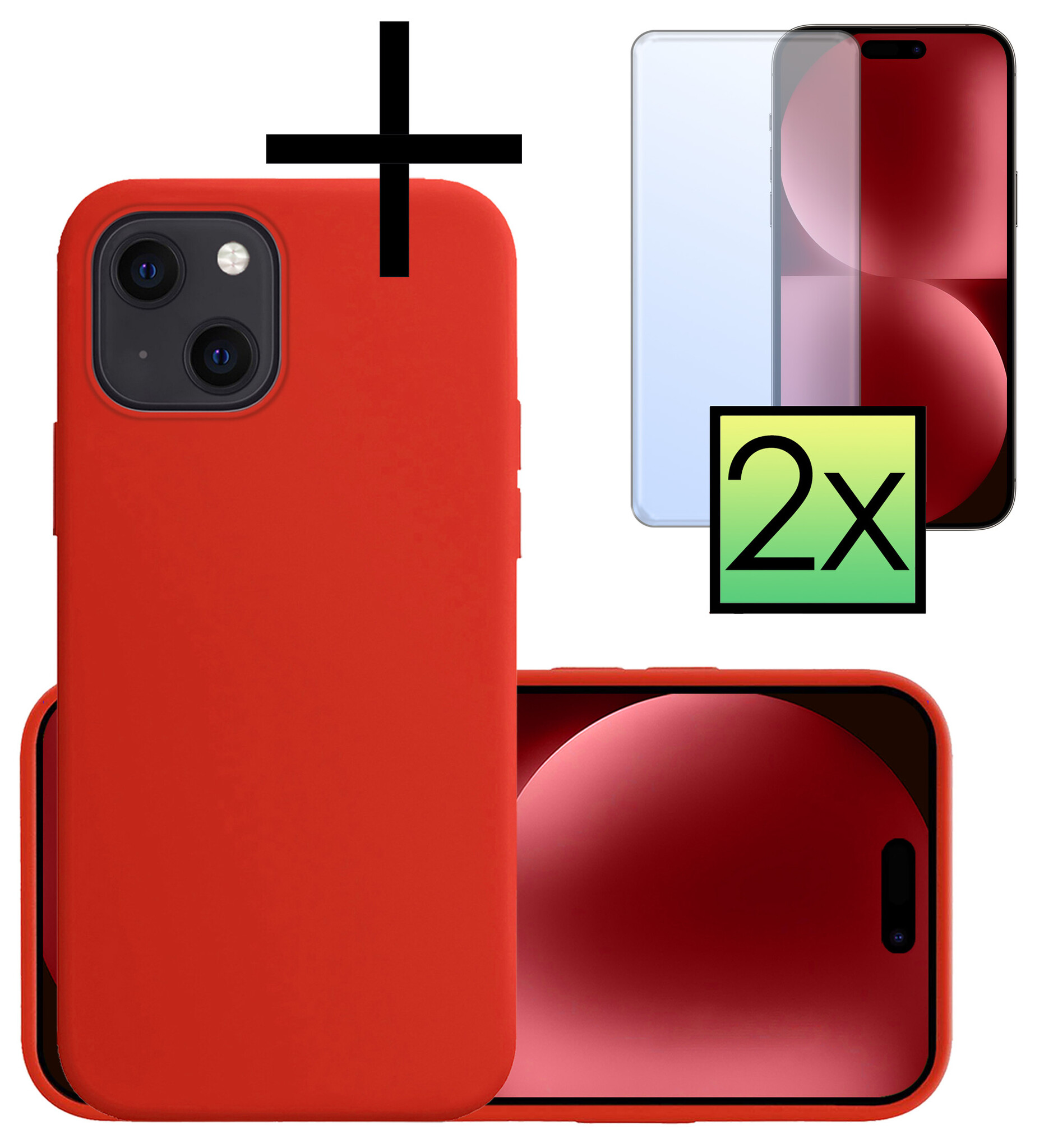 NoXx Hoes Geschikt voor iPhone 15 Hoesje Cover Siliconen Back Case Hoes Met 2x Screenprotector - Rood