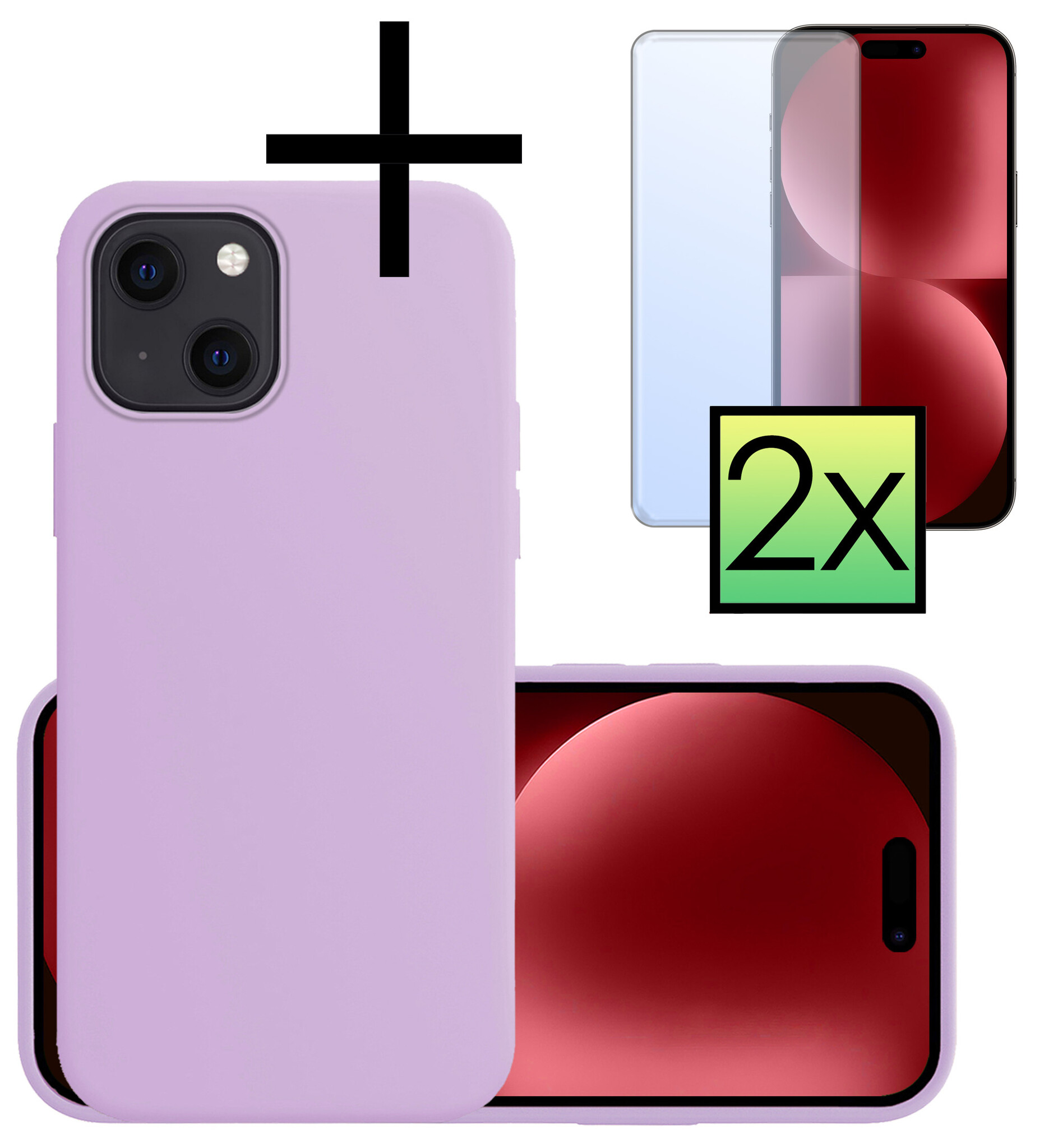 NoXx Hoes Geschikt voor iPhone 15 Hoesje Cover Siliconen Back Case Hoes Met 2x Screenprotector - Lila